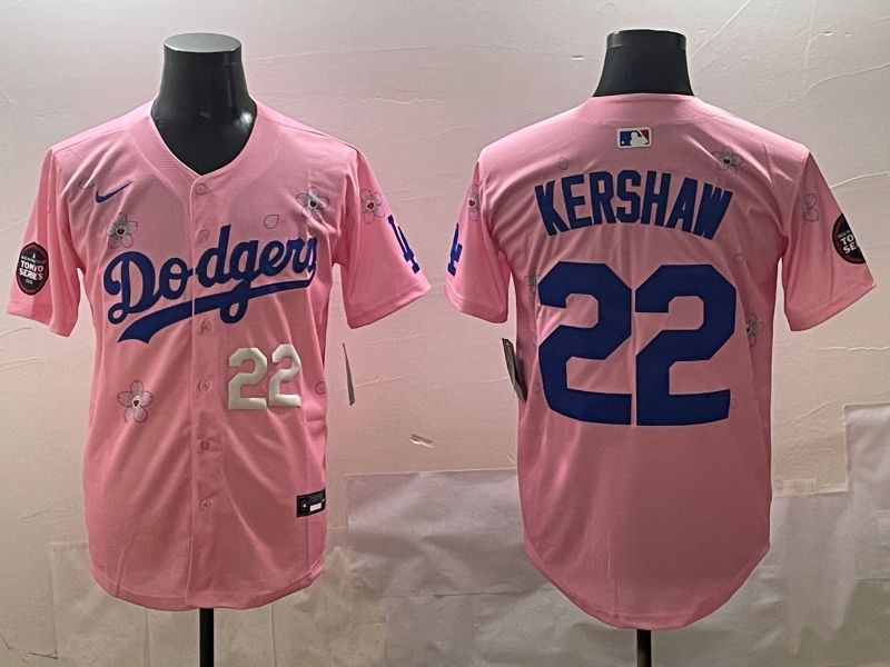 Men Los Angeles Dodgers 22 Kershaw Pink Sakura Edition 2025 Nike MLB Jersey style 4